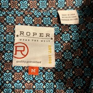 Roper Men's Turquoise and Brown Patterned Shirt